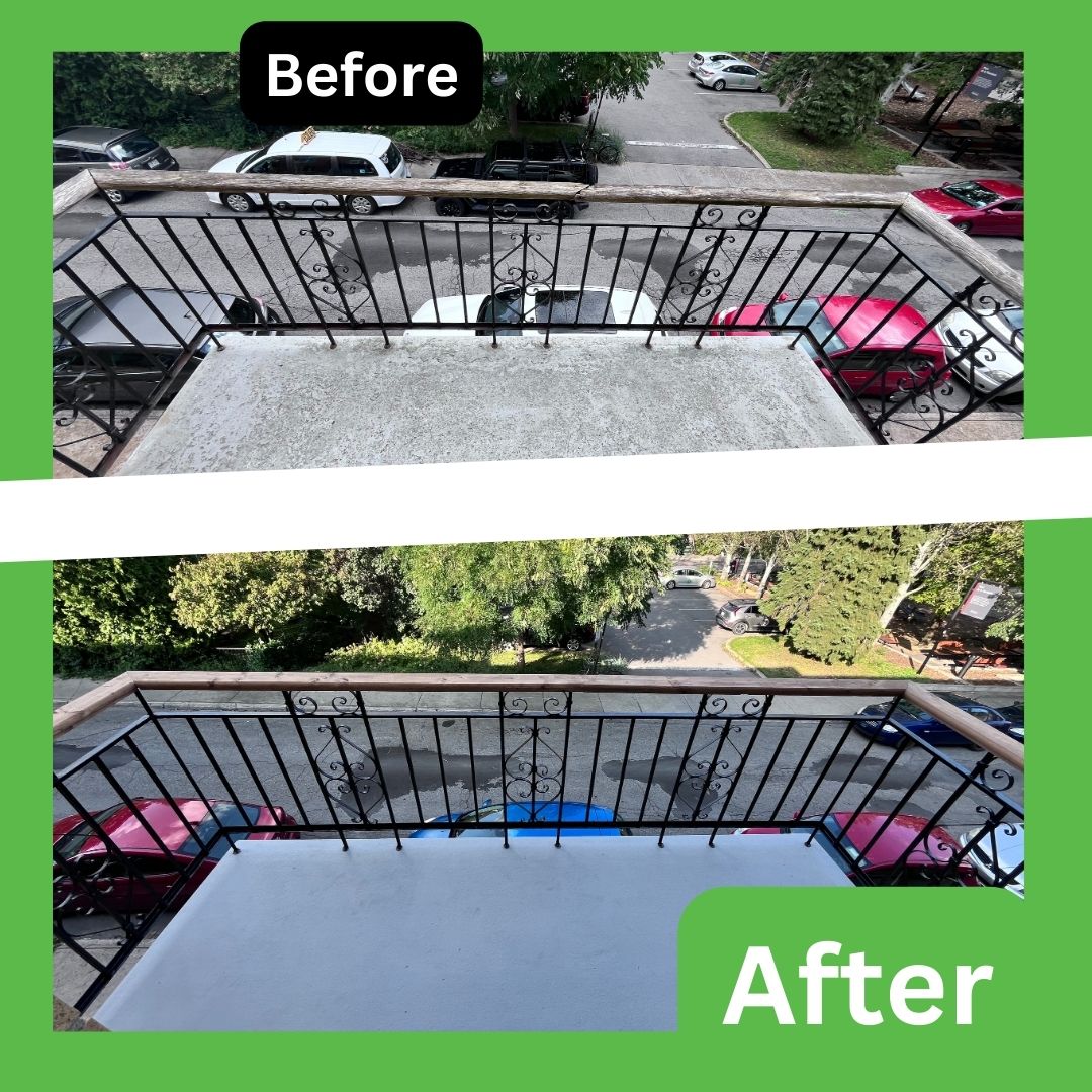 Balcony floor before and after resurfacing, showing a clean and modern look post-re