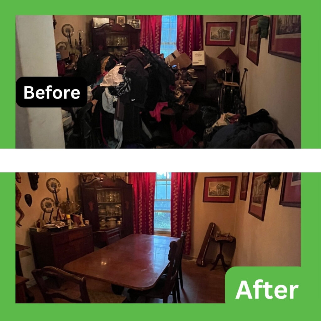 declutter before and after 2 Side-by-side comparison of a cluttered room before and after decluttering, showcasing a complete transformation from chaos to a clean, empty space.