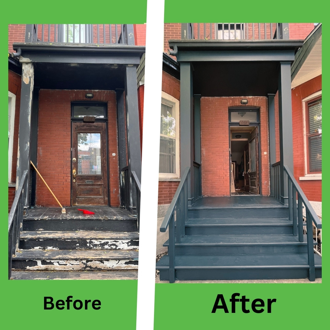 Before and after images of a painted front porch, showing a transformation from a worn, chipped surface to a freshly painted finish.