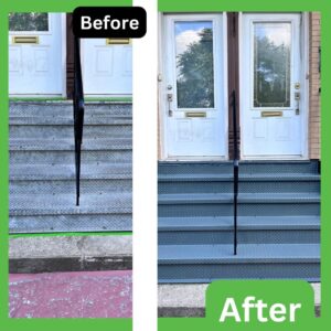 Front entrance steps before and after restoration, showing a significant transformation in cleanliness and structure.